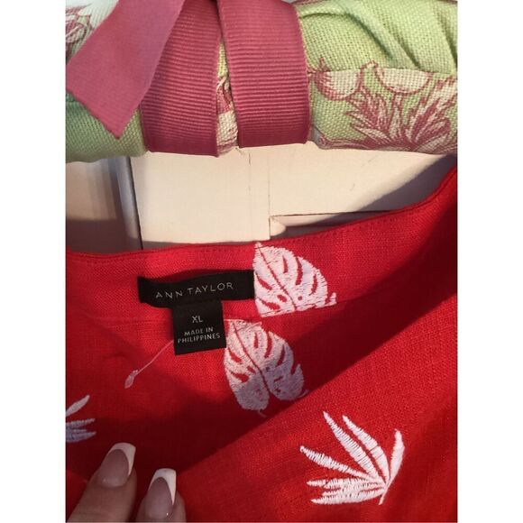 Ann Taylor Linen Blend Red Dress Tunic with TieSz XL Embroidered - Picture 4 of 7